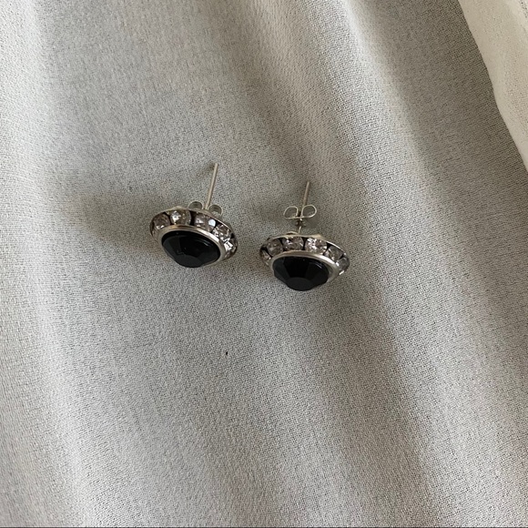 VTG Round Silver Black Jewel CZ Halo Earrings - Picture 4 of 6